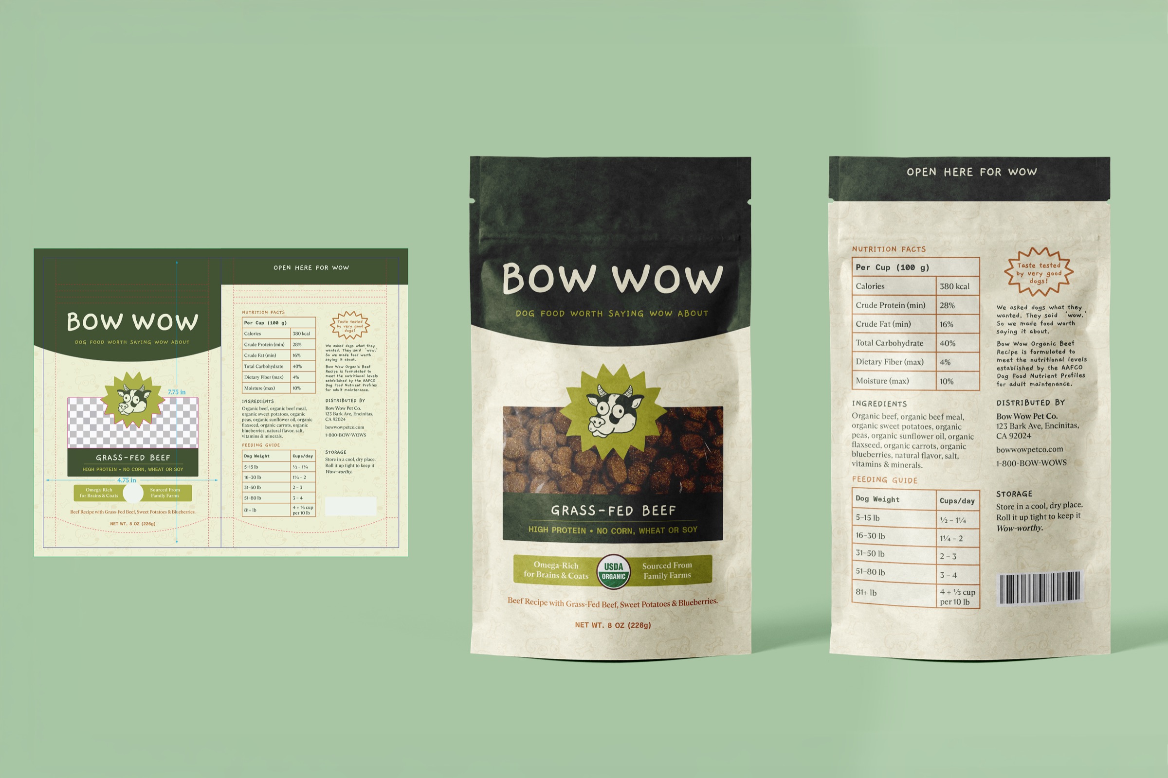 Bow Wow Grass-Fed Beef dieline beside the finished bag, front and back