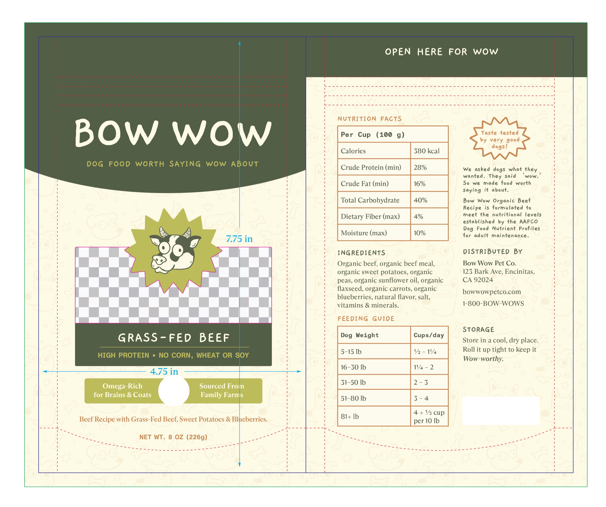Bow Wow bag dieline with the window knocked out, 4.75 by 7.75 inches