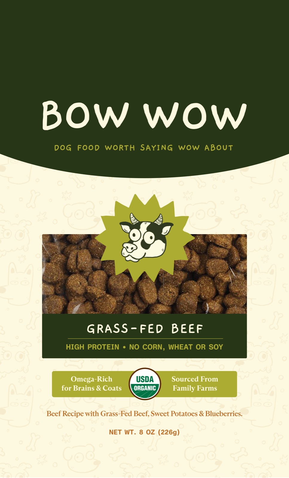 Flat front design of the Bow Wow Grass-Fed Beef bag