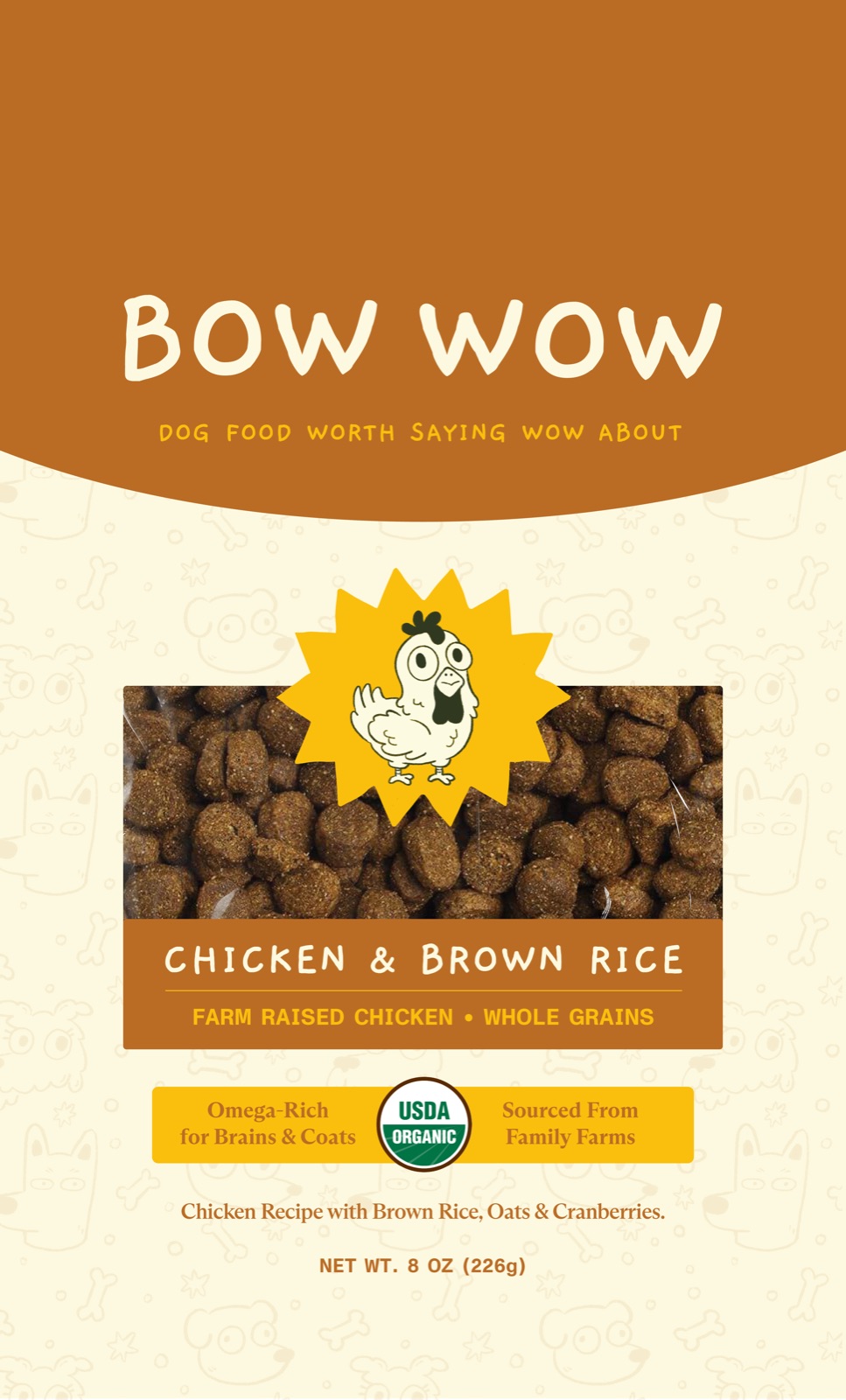 Flat front design of the Bow Wow Chicken & Brown Rice bag