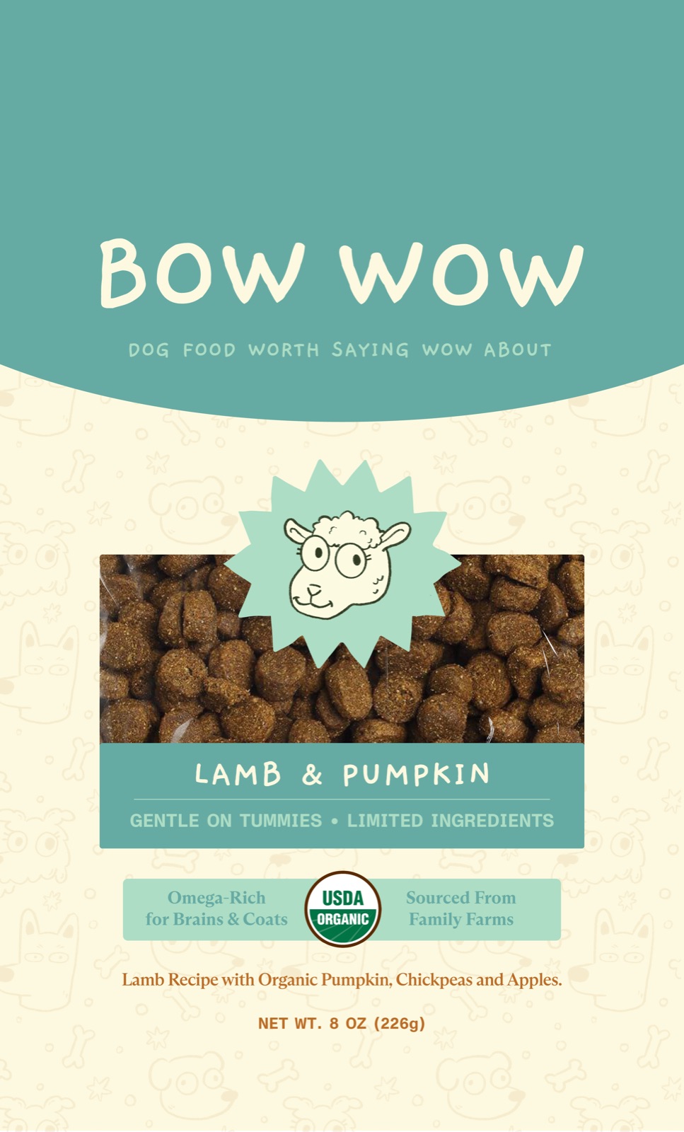 Flat front design of the Bow Wow Lamb & Pumpkin bag