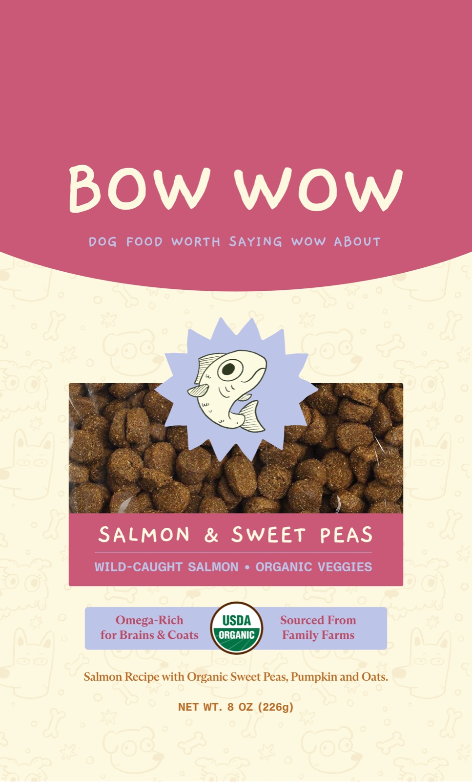 Flat front design of the Bow Wow Salmon & Sweet Peas bag