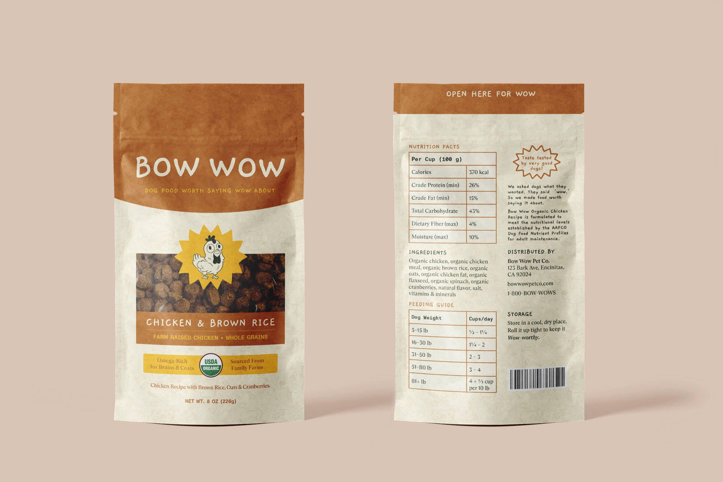 Front and back of the Bow Wow Chicken & Brown Rice bag