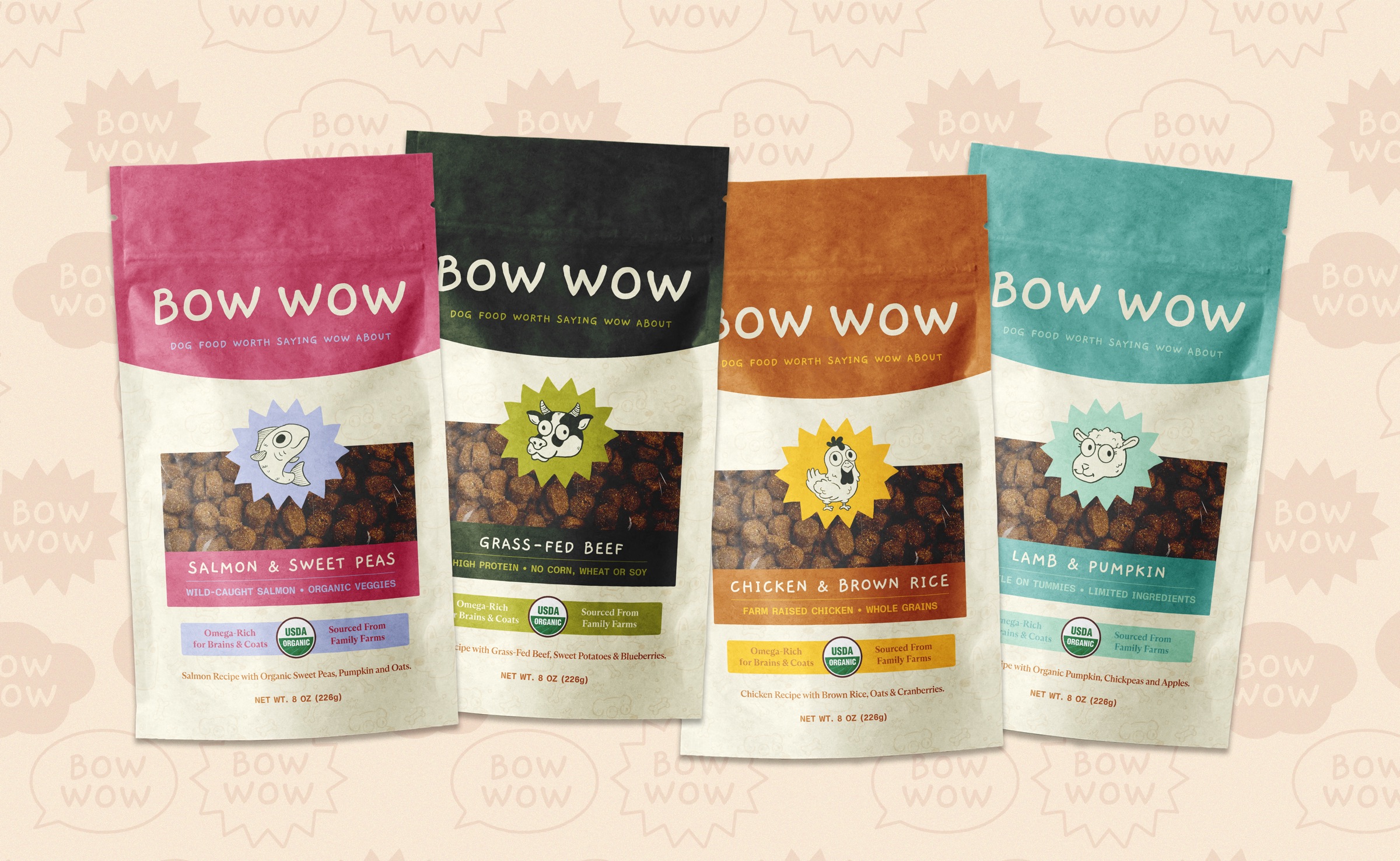 All four Bow Wow bags lined up: Salmon & Sweet Peas, Grass-Fed Beef, Chicken & Brown Rice, and Lamb & Pumpkin