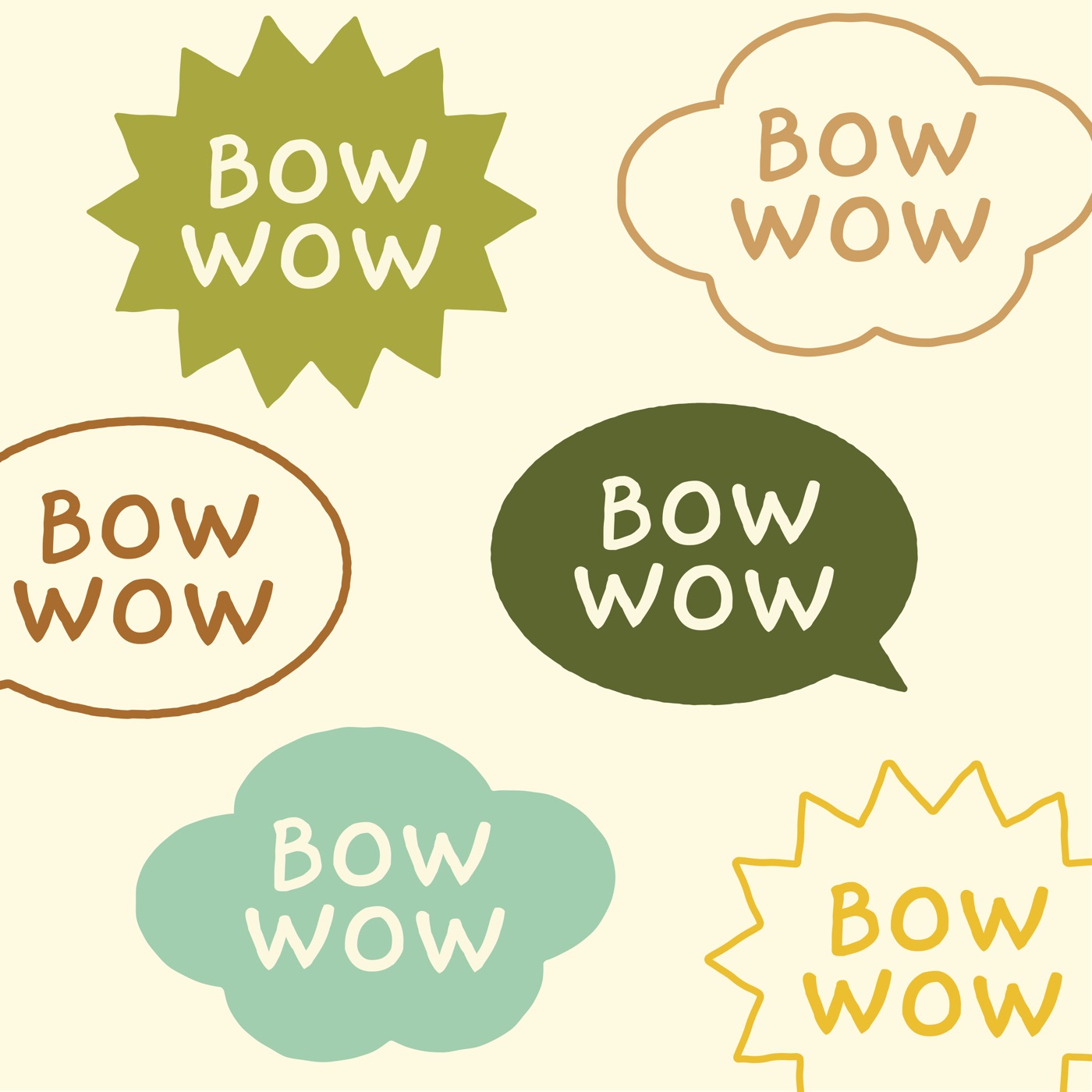 Bow Wow logo in six speech-bubble and starburst shapes