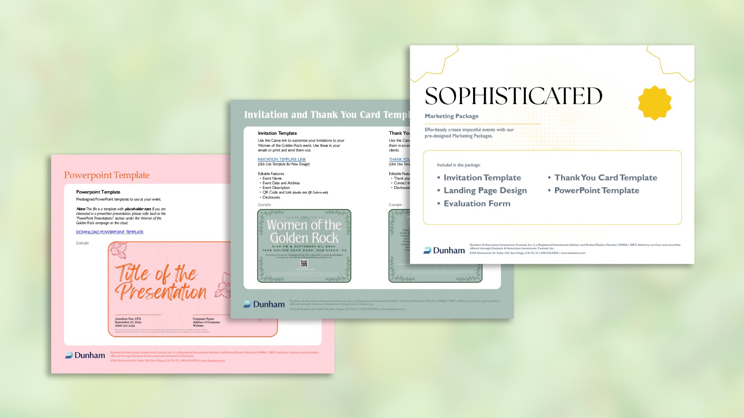 Women of the Golden Rock marketing package templates: PowerPoint, invitation and thank-you cards
