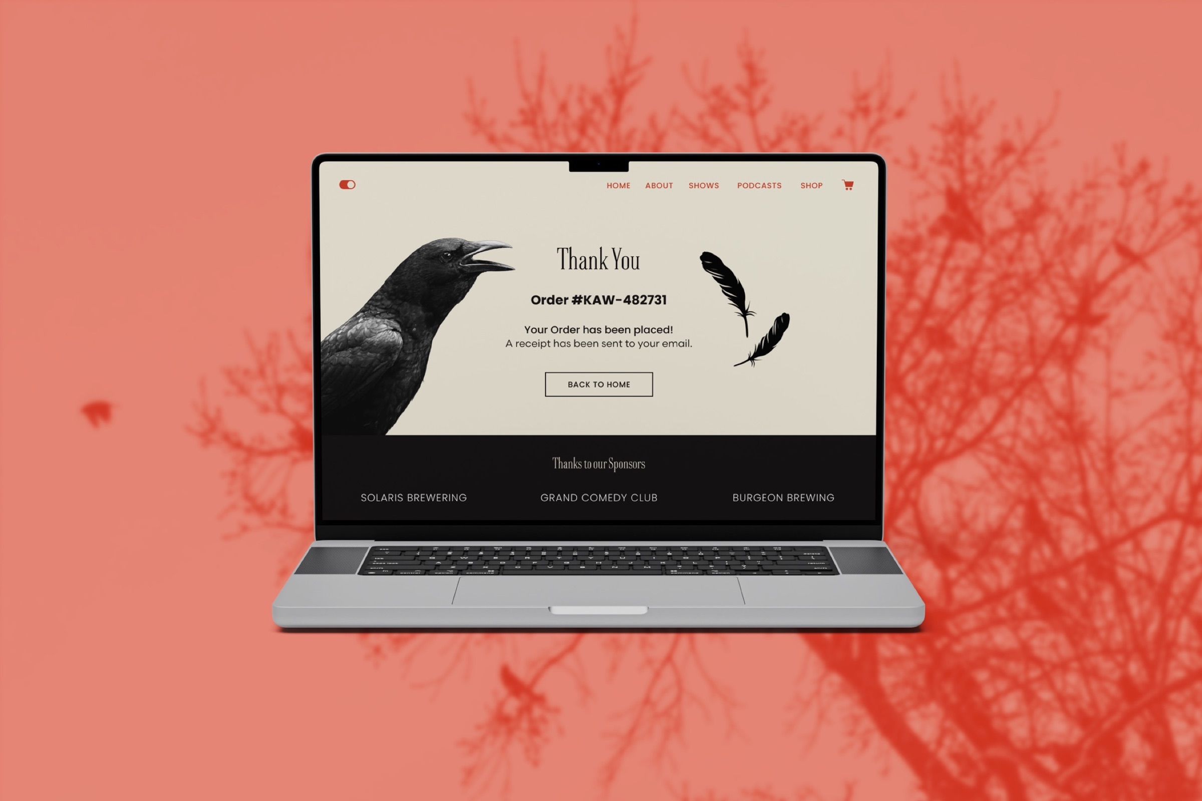 KAWmedy order confirmation page on a laptop