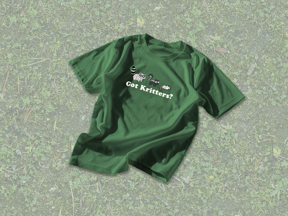 Green Got Kritters? t-shirt with a raccoon, skunk and possum