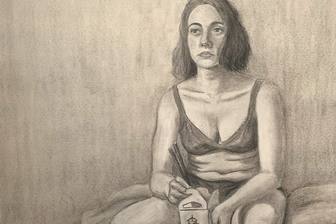 charcoal drawing of Kali eating thai food